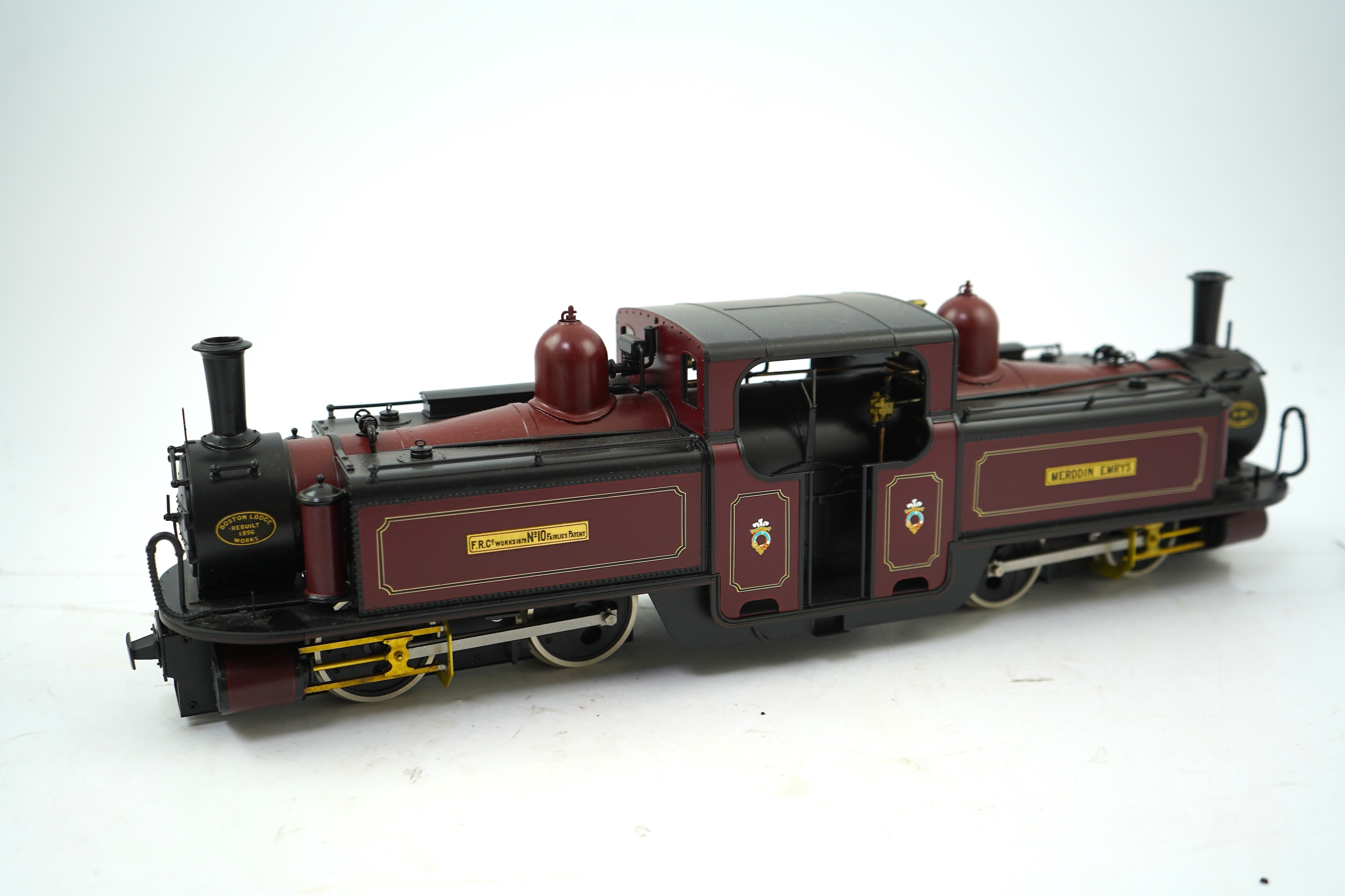 A 16mm scale (running on 32mm rails) commercially produced brass model of Ffestiniog Railway Double Fairlie narrow gauge locomotive Merddin Emrys No.10, powered for two rail operation.